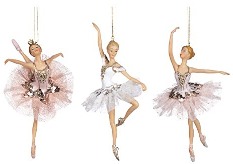 Goodwill White and Pink Resin and Fabric Tulle 18 Centimetre Ballerina's Hanging Christmas Ornaments Set of 3