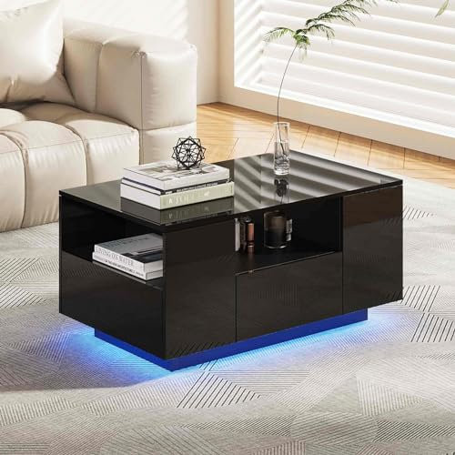 Makika LED Couchtisch Wohnzimmertisch Sofatisch Kaffeetisch Beistelltisch - mit Ablage und Schubladen - Fernsehtisch aus Holz Wohnzimmer Möbel Tisch Kommode Fernseher Design - Schwarz Hochglanz