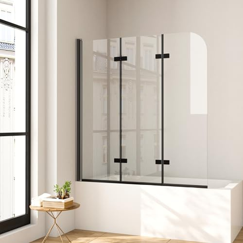 Duschwand für Badewanne 140 x 140 cm 3-teilig Faltbar Duschtrennwand Schwarz Faltwand Duschabtrennung 6mm Nano Glas Badewannenfaltwand
