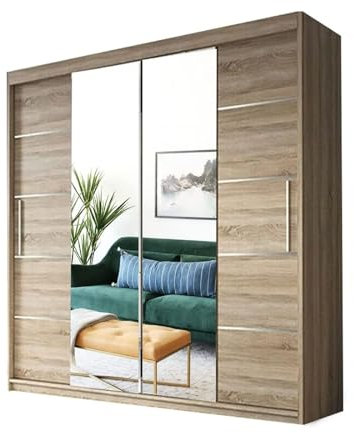 Deco Sliding Double Door Wardrobe 2 Mirrors Hanging Rails Shelves Storage Cabinet Bedroom Furniture (Oak, 203cm)