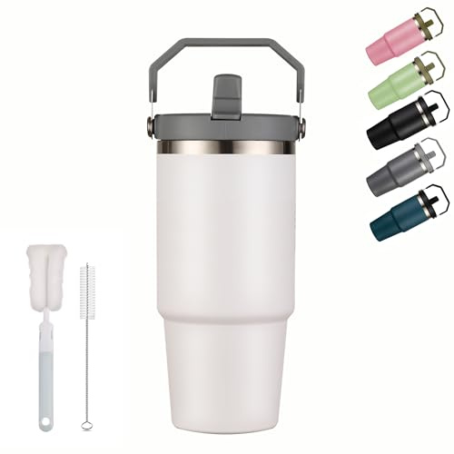 XIXIAMI Travel Mug with Handle 600ml-20oz Insulated Tumbler with Straw & Lid Leakproof Coffee Mug for Hot or Iced Drink |Stainless Steel Thermal Cup-White