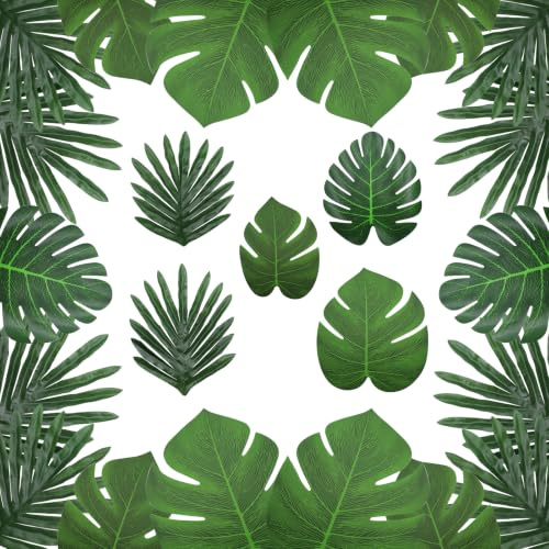 50 Stück Palmenblätter Deko Tropische Palmblätter Künstliche Monstera | Blätter Künstliche Palmenblätter für Dschungel Theme Beach Party Tropische Dekorationen, 5 Arten