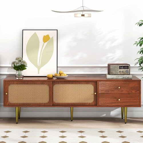 KOMHTOM Rattan TV Schrank Sideboard, TV Ständer Aufbewahrungsschrank mit Zwei Schubladen und Zwei Rattan Schiebetüren, Mehrzweckschrank für Wohnzimmer Schlafzimmer (Walnuss)