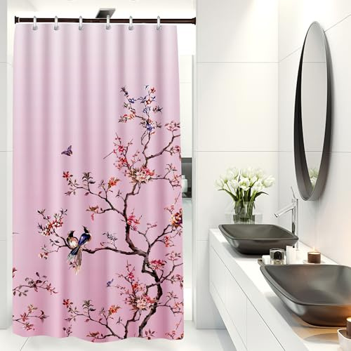 LIVETTY Rosa fågel blommig duschdraperi 90 cm × 180 cm mögelsäkert fjärilstyg badrumsdraperi för kvinnor och män med 12 krokar tvättbara snabbtorkande gardiner