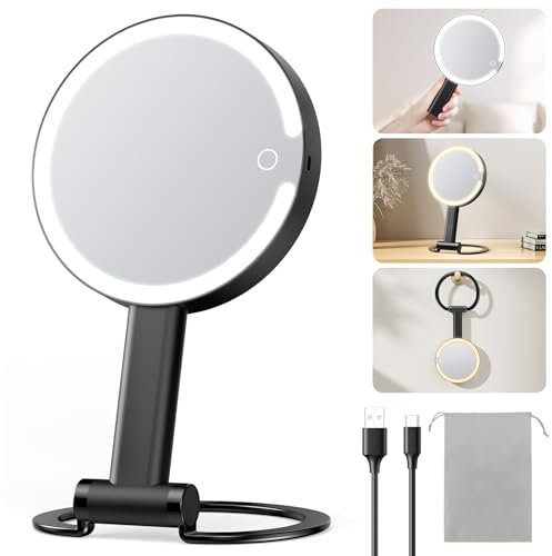 Gospire Magnifying Travel Mirror with Light 10X 1X Magnifition 2-Sided Lighted Makeup Mirror Rechargeable 3 in 1 Hand Held Desk Hanging, 3 Color Dimmable Lights, Black