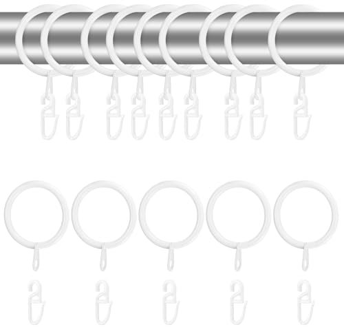 24 Sets White Metal Curtain Rings and Hooks, 30mm Curtain Hooks and Rings, 24 Metal Drapery Hanging Ring & 24 Plastic Curtains Hook, Sliding Eyelet Ring for Curtains Rods Poles