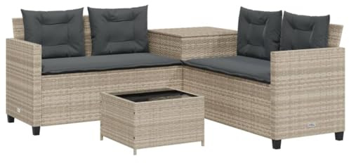 vidaXL Gartensofa in L-Form, Ecksofa mit Tisch Kissen, Sitzgruppe für Garten Terrasse Balkon, Gartenmöbel Sofagarnitur, Hellgrau Poly Rattan