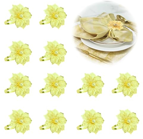 Mtsooning 12 Stück Blume Serviettenring Schnalle, Gold Serviettenringe mit ausgehölten Blumen für Hochzeitsfeier, Geburtstagsparty, Weihnachtsessen Tischdekoration.