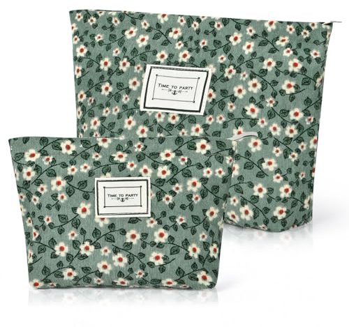 Aucuu Neceser Maquillaje Mujer, 2 Pcs Bolsas de Cosméticos de Tejido de Pana Con Cremallera, Floral, de Viaje Portátil, Organizador Multifuncional Para Viaje - Verde