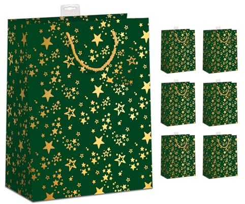 Geschenktüten Weihnachten XXL, 6 Stück | Sehr Groß & Stabil, Verstärkter Boden & Rand | Hochwertig beschichtet & mit Beschriftungskarte | Gedruckt auf FSC® Karton (210 g/m²) | 33x45x12cm