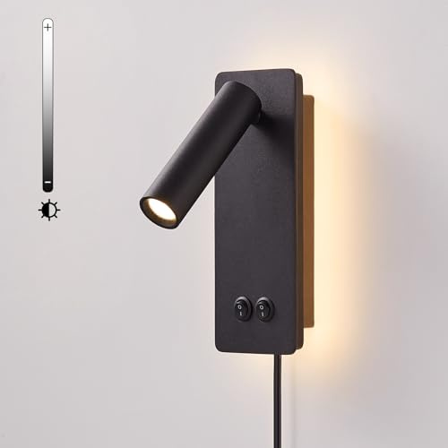 MOLUOLA LIGHTING Wall Mounted Reading Light for Books in Bed, Bedside Wall Lamps with 3 Dimming, 350°Rotation Plug in Wall Sconce, Upgrade Headboard Bedside Lamp for Bedroom Living Room (Black)