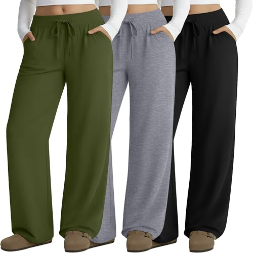 Neer Set da 3 Pantaloni da Lounge Grande Taglia per Donna Pantaloni da Yoga a Gamba Larga Ampi Jogger Casual(Verde Militare, Grigio Chiaro, Nero,XXL)