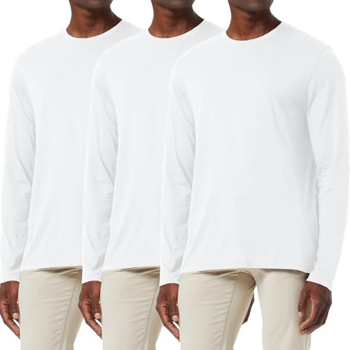 3-pack eller 5-pack bomullströja för män, lös passform, långärmad t-shirt, fukttransporterande, rundhalsad skjorta, komfort, ledig, baslayer-toppar, 3-pack: vit/vit, L