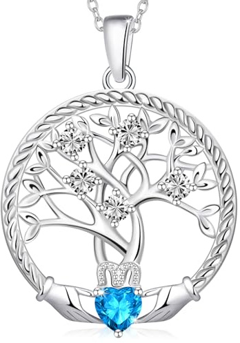 Collar Mujer Árbol de la Vida Joyas Mujer Plata de Ley 925, Colgante el Árbol de la Vida Piedras de Nacimiento para el Cumpleaños de Marzo, Regalos de la Joyería del Aguamarina Para la Esposa Mamá
