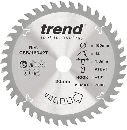 Trend Wood Akku-Kreissägeblatt, 160 mm Durchmesser, 20 mm Bohrung, 42 Zähne, 1,8 mm Schnittfuge, +10° Haken, TCT, feine Oberfläche, CSB/16042T