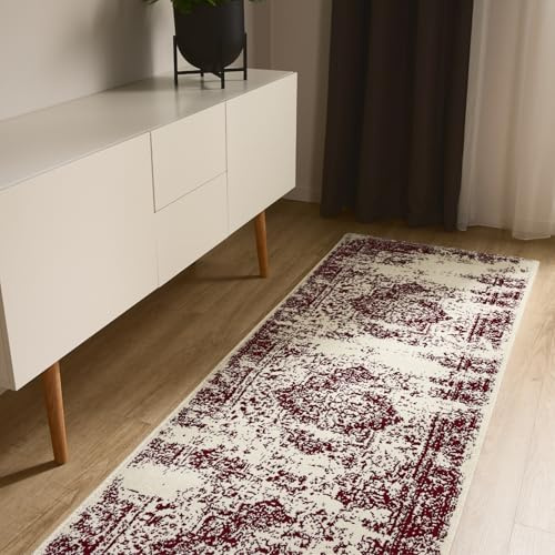 benuta Basic Teppich Suki - Creme/Rot 80x240 cm - Kunstfaser - Läufer & im Style: Vintage, Orient Style - Pflegeleicht für Wohnzimmer Schlafzimmer