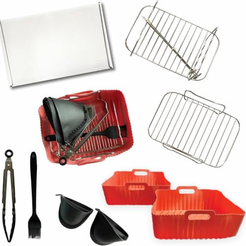 Sage & Clo Air Fryer Accessories 12Pcs for Ninja/Tower/Vortex/Salter/Cosori 7.6L-9.5L Dual Air Fryer, Includes Silicone Liners, Racks, Mitts, Pastry Brush, Skewers and Tongs, in a Presentation Box.