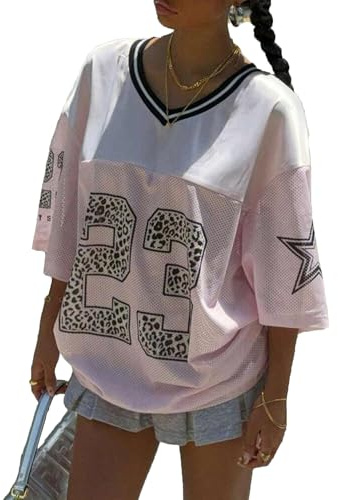 Acrawnni Damen Y2k Oversized Jersey-Shirt mit Nummerngrafik V-Ausschnitt Kurzarm Jersey T-Shirt Blokecore Ästhetik Vintage 90er Streetwear, B-Rosa, L
