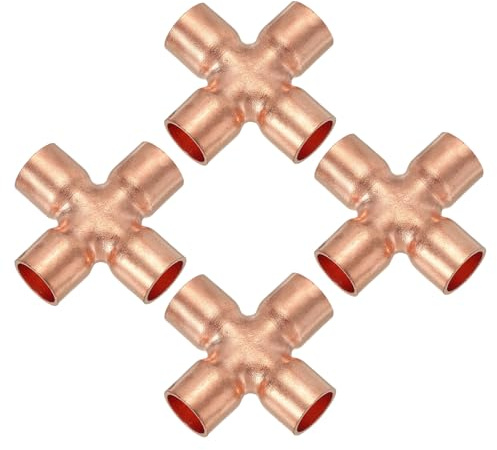 PATIKIL 1/2(12.7mm) Copper Cross Pipe Fitting, 4 Pcs 4 Way Welding Copper End Feed Equal Pipe Connector for Plumbing Air Conditioning Refrigeration