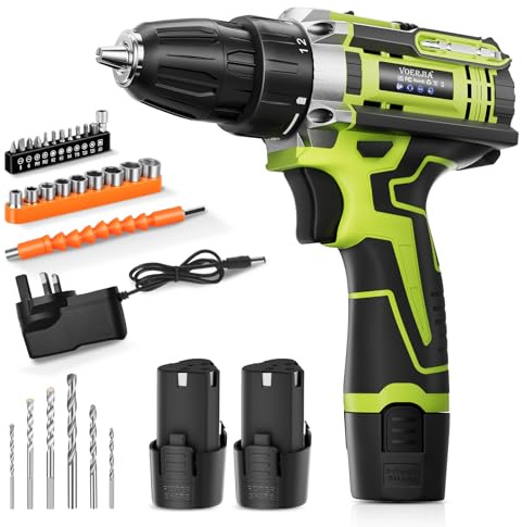 VOERJIA Perceuse Visseuse Sans Fil 12V, 35Nm Max, 2 Batteries 2000mAh, 18+1 Couples, Mandrin 10mm, 2 Vitesses, LED, 32 Accessoires pour Bricolage