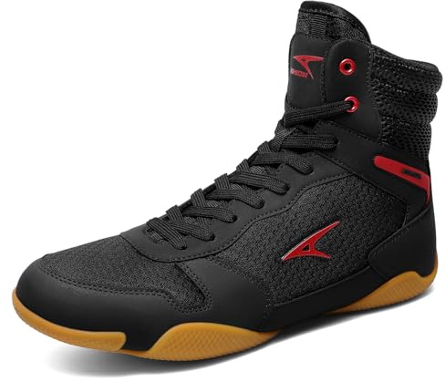ASHION Men's Wrestling Shoes Boxing Shoes Lightweight High Top Fitness Sneakers Weightlifting Powerlifting Shoes Zero Drop Sole Black Red Size 12