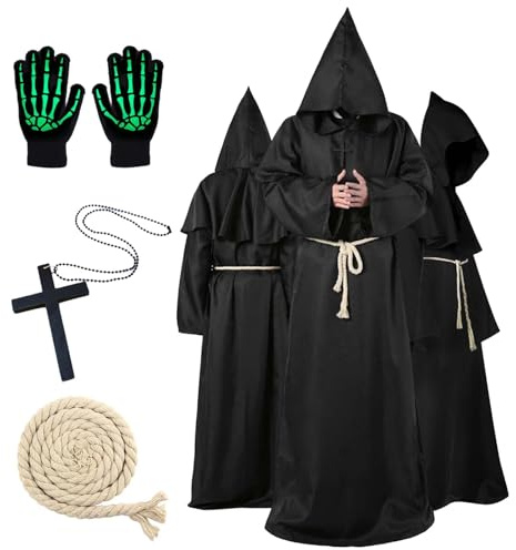 Ligtmor Faschingskostüme Männer, Mönch Kostüm Priester Gewand mit Kapuze Mittelalterliche Kapuze Herren Männer Mönchskutte für Halloween Cosplay Und Karneval (Schwarz, L)