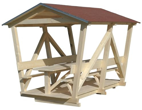Holz-Pavillon mit Tisch & 2 Sitzbänken für 8 Personen, Robuster Gartenpavillon aus Fichtenholz mit Bitumenschindeldach; Ideal für Garten, Terrasse & Outdoor-Bereich Made in Germany