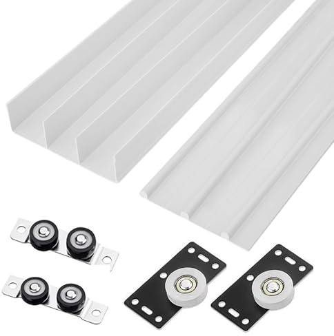 Triple Track Sliding Door Hardware Kit, for Wardrobe/Cabinet/Glass Doors, Upper & Lower Rail Replacement Kit with Silent Sliding Pulley(Silver,160cm)