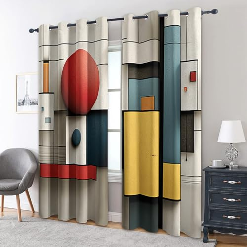 Generisch Blickdichte Vorhänge Geometrisch Motiv, Verdunklungsvorhänge mit Ösen H 220 x B 140, 2er Set, Buntes Abstrakt Gardinen Wohnzimmer Schlafzimmer Deko, Thermovorhang HR62