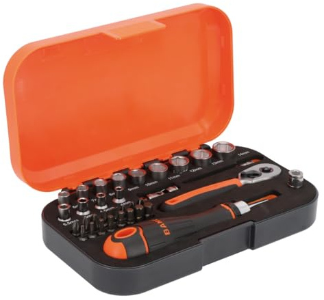 Bahco Juego de llaves de vaso y puntas de 34 piezas – Llave de 1/4 pulgadas | Acero al cromo vanadio | Kit de herramientas profesional con trinquete, enchufes y accesorios | Ideal para tareas de