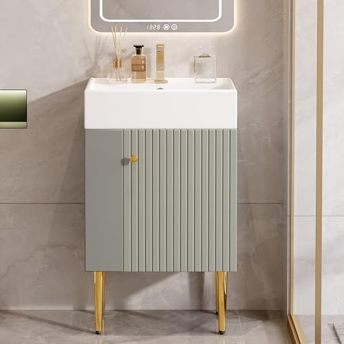 Tvättställ med underskåp 55 cm vitt och grått badrumsmöbler set för gäster, WC stående keramiskt handfat liten tvättplats med sidohylla modern 3D-design