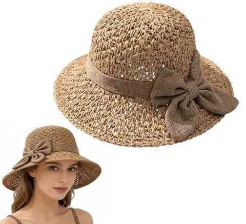Generisch Sonnenhut Damen Strandhut Faltbar Sommerhut Strohhut mit Breite Krempe Summer Hat Women's Breathable Hat Visor Cap Für Strand Und Outdoor Aktivitäten Sonnenschutz (Kaffee)