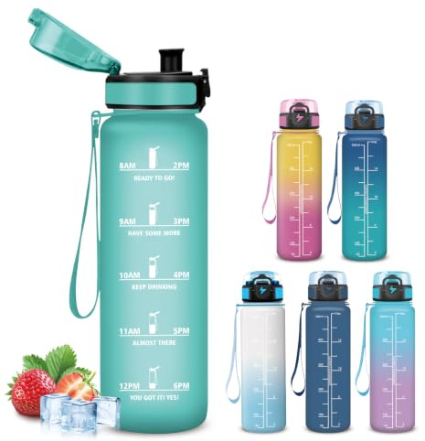 Mujigaga Botella Agua Niños, A Prueba de Fugas Botella Agua 500ml, Diseño de Cerradura, Portátil Cantimplora con Filtros, Con Marcador de Tiempo, Cantimplora para Running, Oficina, Escuela