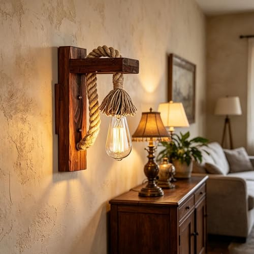 DHGIE Rustikale Holz-Wandleuchte Bauernhaus-Style Hanfseil-Wandlampe Industrielle Vintage-Wandleuchte Mit E27-Fassung Retro-Holz-Wandlampe Für Schlafzimmer Wohnzimmer Bar Café(Vintage Red)