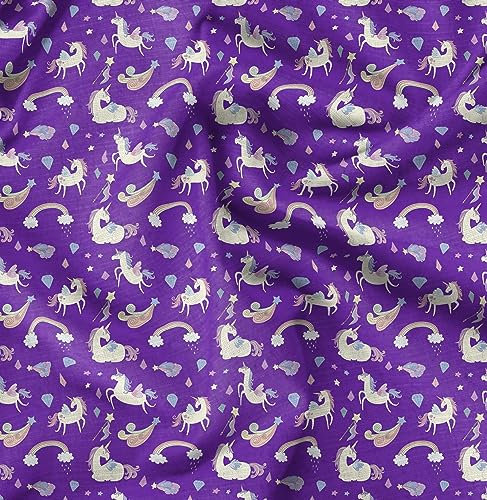Soimoi Lila Baumwoll-Popeline Stoff Regenbogen und Einhorn Tier Stoff drucken 1 Meter 56 Zoll breit