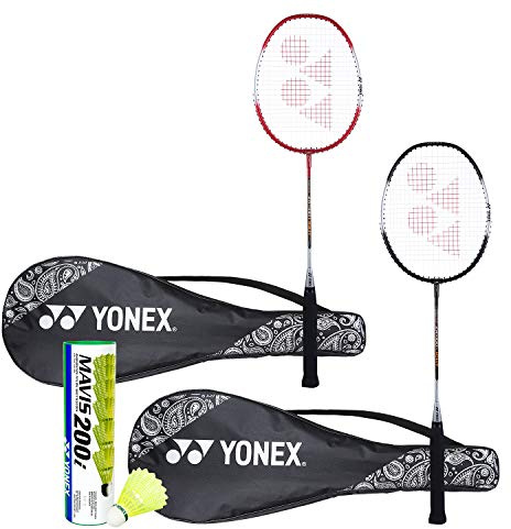 Yonex ZR 100 Light Lot de 2 raquettes de badminton YONEX ZR 100 Light avec couverture complète Noir/rouge + volant Mavis 200I Lot de 6