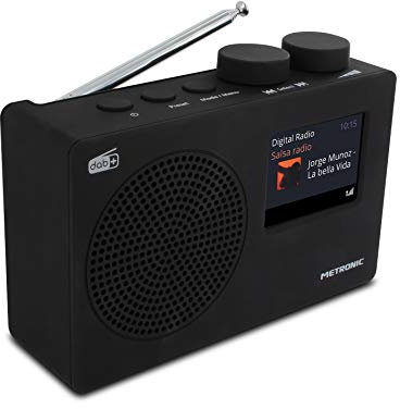 METRONIC 477251 Radio digitale DAB+ e FM RDS con schermo a colori e ingresso audio, uscita cuffie, funzione doppio allarme, dimmer- Nero