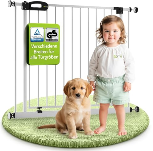 BOMI TÜV GS Siegel Türschutzgitter XXL Merle | 90° Stop | Schließt automatisch | Kindergitter Hoch | Hundegitter Wohnung Weiß | Schutz für Hunde und Katze | Breite: 223-231 cm