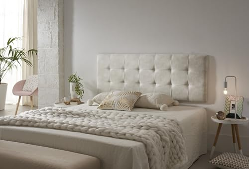 ECCOX - Cabecero de Cama Capitone a Cuadros de Tela Antimanchas Aquaclean- Cabezal Tapizado con Acolchado de Espuma y Refuerzo Trasero - Color Blanco Efecto Granito - 152 cm para Camas de 135 cm