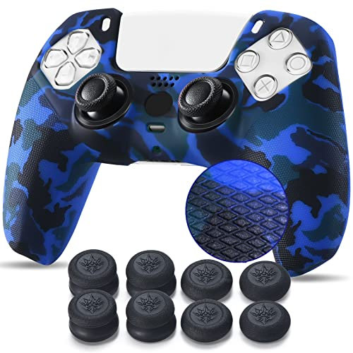 YoRHa Points Imprimé Housse Coques Autocollants en Silicone Skin Cover pour PS5 Dualsense Manette (Bleu) x 1 avec Prises de Pouce x 10