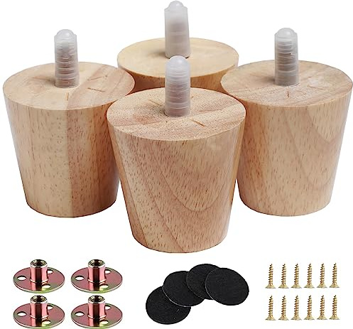 Txcucc 2 Round Solid Wood Furniture Leg Set of 4 Mid-Century Modern Sofa Couch Bed Coffee Chair Desk Straight Feet Legs with Pre-Drilled 5/16(M8) Inch Bolt& Screws& Rubber Pads…