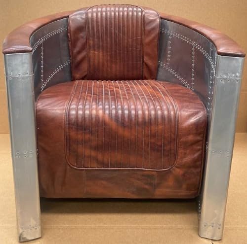 Casa Padrino Luxus Art Deco Leder Sessel Vintage Braun/Silber - Aluminium Wohnzimmer Sessel mit hochwertigem Echtleder - Lounge Sessel - Flugzeug Flieger Echtleder Möbel