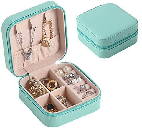 REEKNOKOL Schmuckkästchen-Organizer, Reise-Schmuckkästchen, kleiner Schmuck-Organizer, PU-Leder, Schmuck-Reiseetui für Frauen und Mädchen, Ringe, Ohrringe, Halsketten und Armbänder (Blau)