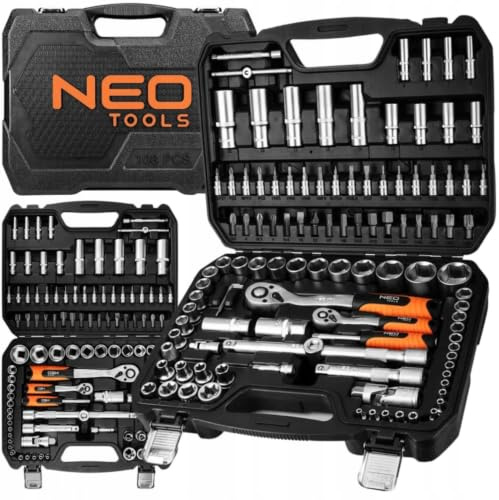 NEO TOOLS Schlüsselsatz 108 teilig 1/2 1/4 Zoll im robusten Koffer | Steckschlüsselsatz aus CrV Stahl, Komplettset für Werkstatt, Garage, Heimwerker