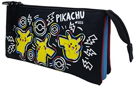 CYPBRANDS Pokémon- Estuche Triple, Portatodo, 5 Compartimentos, Material Escolar, Estuche, Pikachu, Colorful, Color Negro, Producto Oficial