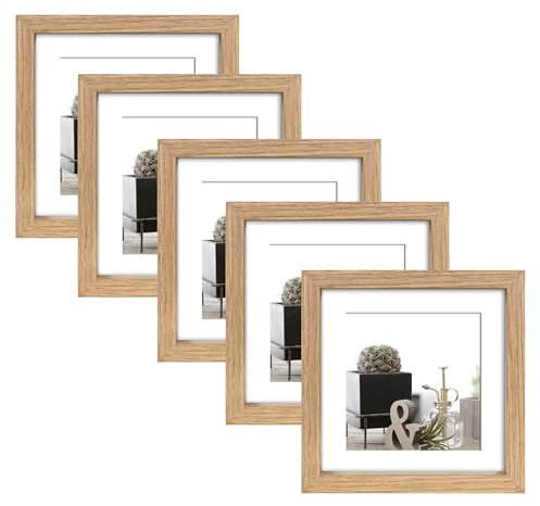 Wackadoo Bilderrahmen 5er Set quadratisch 13x13 cm Eiche Fotowand Fotorahmen mit Glas Picture frame Holz mit Passepartout 10x10 cm
