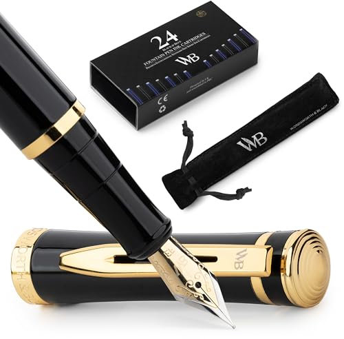 Wordsworth & Black Fountain Pen Set, 18K Gilded Extra Fine Nib, Includes 24 Pack Ink Cartridges, Ink Refill Converter & Gift Pouch, Gold Finish, Calligraphy, [Black Gold], Perfect for Men & Women