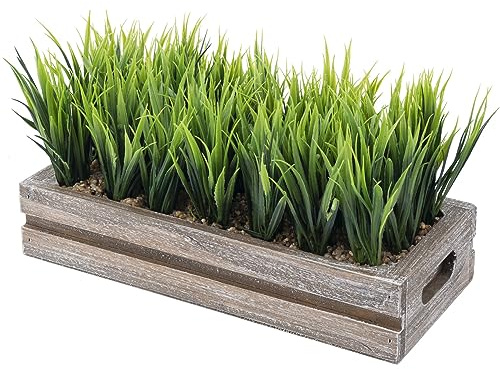 MyGift 10.5 Inch Artificial Green Grass Plant in Vintage Weathered Wood Planter Window Box, Faux Greenery in Crate Style Container Tabletop Centerpiece Décor