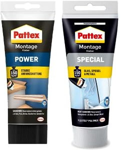 Pattex Montagekleber Power, Baukleber mit starker Anfangshaftung, Kraftkleber, weiß, 1 x 250g & Pattex Montage Spezial Kleber, transparent, 1 x 80g