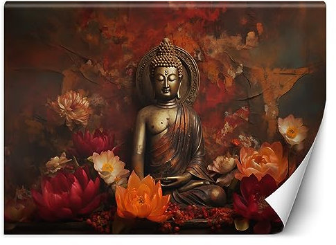 Feeby Papier Peint Intissé Bouddha Bouddhisme AI 250x175 cm rouge XXL Moderne Décoration Murale Tableaux Muraux Tapisserie Salon Chambre à coucher Zen Yoga Orient